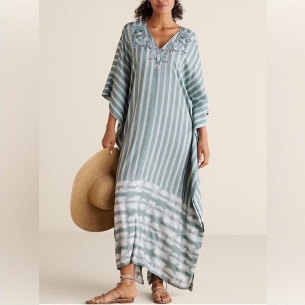 Soft Surroundings Harbor Caftan Kaftan Teal Stripe Beaded Sequin Cover-up Maxi
